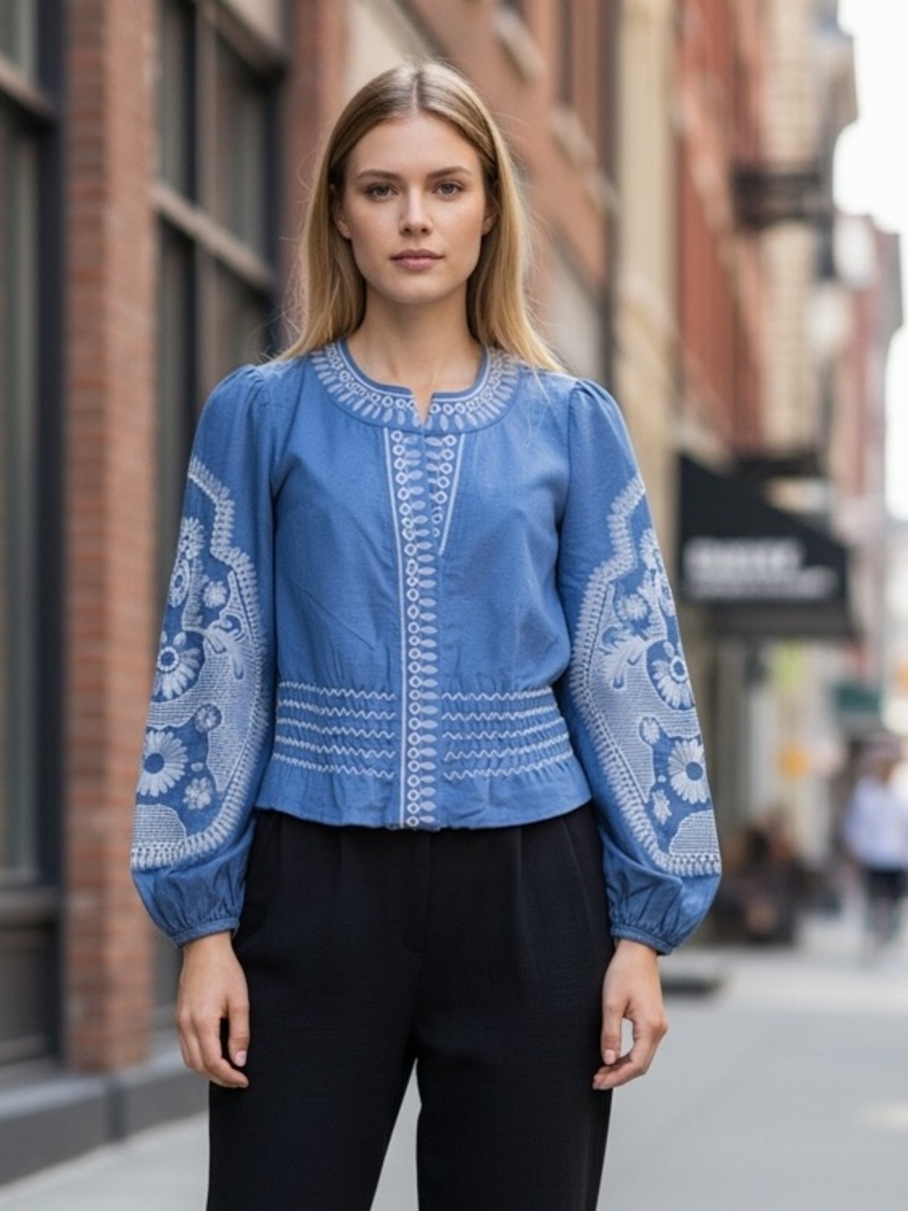 NWOT Avec Les Filles Blue Embroidered Puff Sleeve Blouse Jacket Top Size L